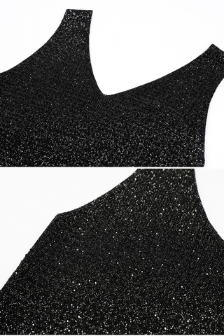 Sleeveless Knit Long Dress with V-Neck and Rhinestone Embellishment