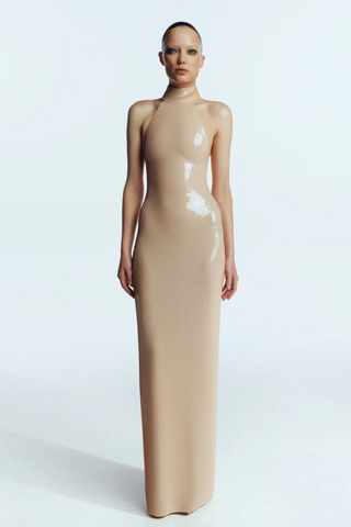 High-Shine Sequin Halter Neck Evening Long Dress with Back Slit and Pearl Button Detail