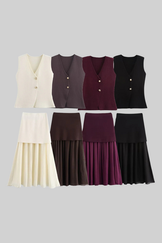 Summer Buttoned Knit Vest & Pleated Long Skirt Set