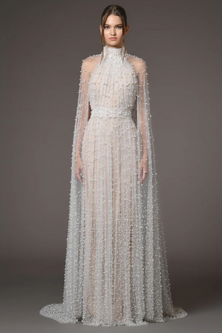 Heavy Pearl-Embroidered Mesh Tulle Long Dress with High Collar and Draped Cape
