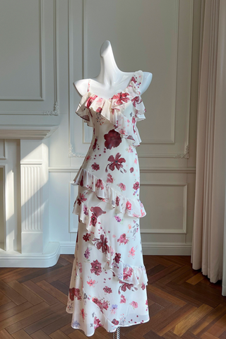Rosé Cascade Floral Chiffon Sleeveless  Midi Dress