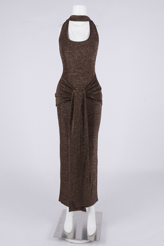 Coffee Metallic Halter Long Dress Backless Slim Fit with Waist Tie Detail