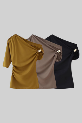 Asymmetric Draped Half Sleeve Top with Metal Accent
