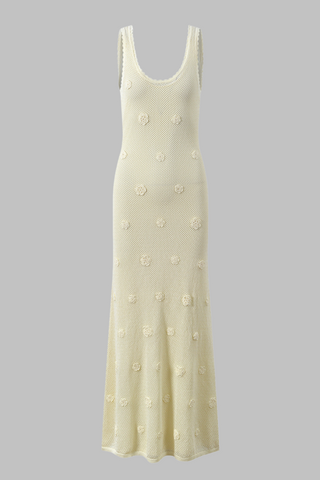 Crochet Blossom Scallop-Trim Back-Tie Long Knit Dress