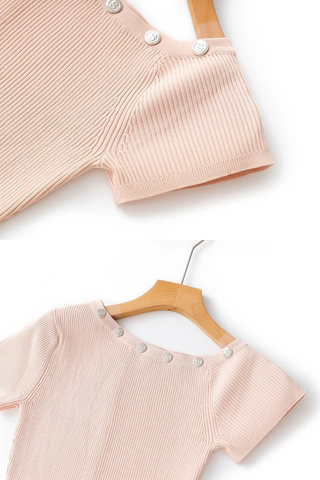 Button Neck Short Sleeve Flare Midi Dress in Ribbed Knit Fabric