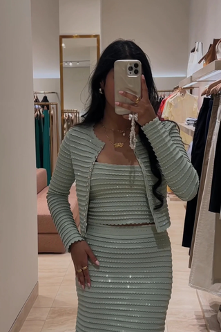 Three-Piece Knitted Set with Rhinestone Trim – Cardigan, Cami Top & Midi Long Skirt