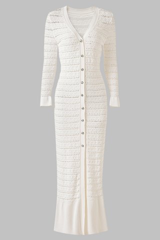 Long Sleeve Textured Knit Long Dress with Button Front & Rhinestone Embellishments