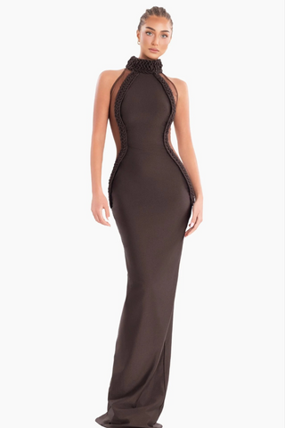 Chocolate Brown Halter Neck Long Dress – Sculpted Bodycon Gown with Braided Trim