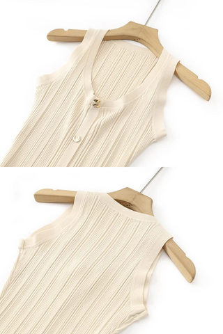 Sleeveless Ribbed Knit Midi Dress with Floral Button Front