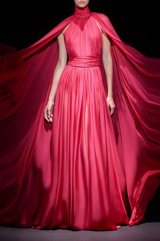 Red Pleated Cape Long Dress with High Neck and Chiffon Overlay