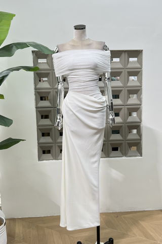 Ivory Mesh Off-Shoulder Draped Long Dress with Side Ruching