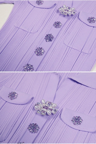 Short Sleeve Knit Long Dress with Rhinestone Buttons and Collar