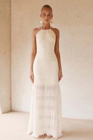 Beige Smocked Halter Long Dress with Sheer  Open Back