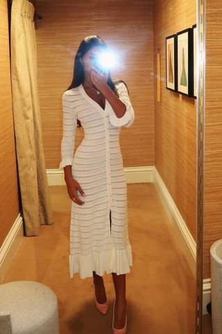 Long Sleeve Textured Knit Long Dress with Button Front & Rhinestone Embellishments