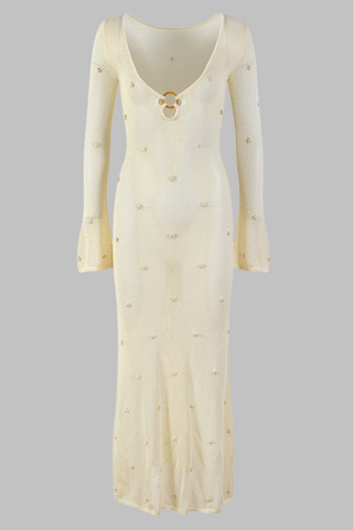 Long Sleeve Crochet Knit Long Dress with Deep V-Neck, Ring Accent & Starfish Appliqués