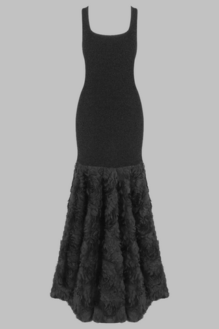 Glamorous Black Mermaid Long Dress Sleeveless Scoop Neck, Glitter Knit Bodice with 3D Rosette Feathered Skirt