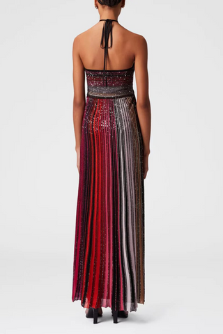 Halter Neck Contrast Stripe Pleated Long Dress