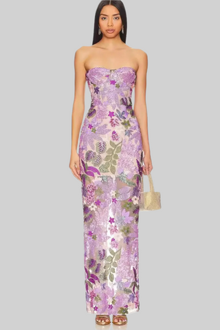Strapless Lavender Floral Embroidery Sequin Long Dress