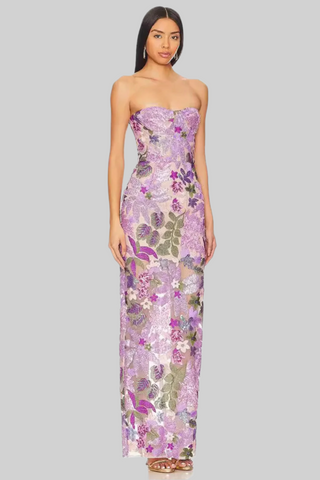 Strapless Lavender Floral Embroidery Sequin Long Dress