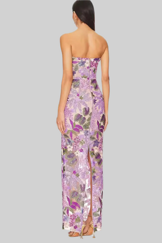 Strapless Lavender Floral Embroidery Sequin Long Dress