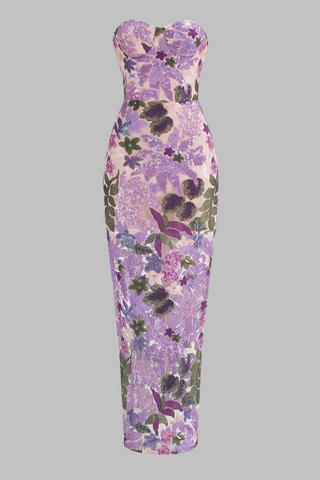 Strapless Lavender Floral Embroidery Sequin Long Dress