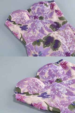 Strapless Lavender Floral Embroidery Sequin Long Dress