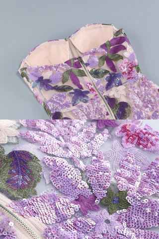 Strapless Lavender Floral Embroidery Sequin Long Dress