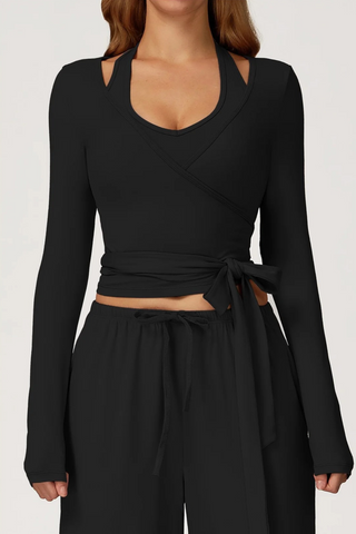 3-Piece Sport Wrap Lounge Set with Long Sleeve Crop Top, Halter Tank, and Wide-Leg Pants