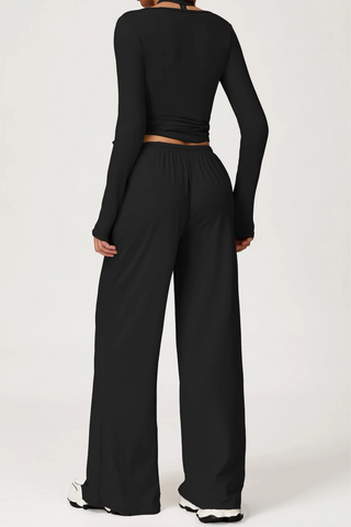 3-Piece Sport Wrap Lounge Set with Long Sleeve Crop Top, Halter Tank, and Wide-Leg Pants