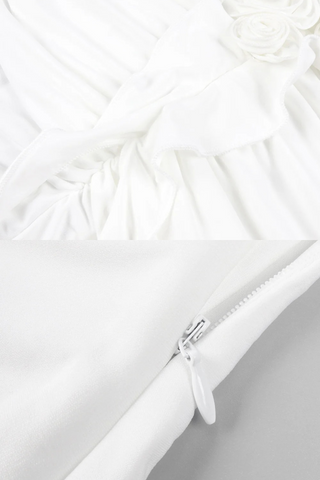 White Long-Sleeve Deep V-Neck Maxi Dress with 3D Floral Design