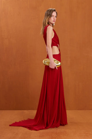 One-Shoulder Draped Long Dress with Side Cutout & Gold Ring Design