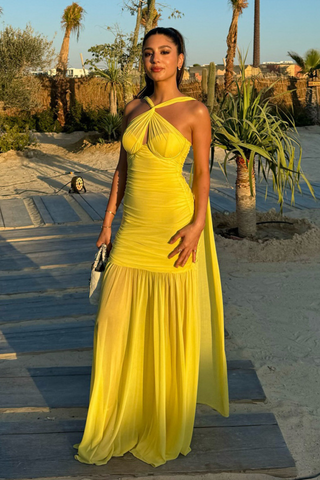 Halter Neck Yellow Mesh Long Dress with Side Slit