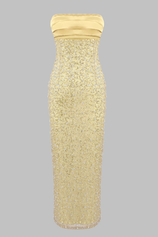 Gold  Pearl Strapless Sequin Long Dress