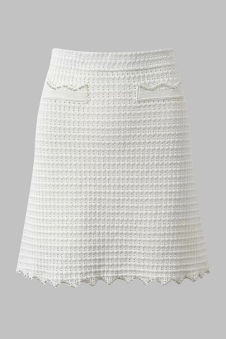 Pearl-Trimmed Textured Knit Two-Piece Set  Cropped Top & A-Line Skirt