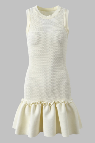 Sleeveless Knitted Mini Dress – Fitted Ribbed Bodice with Flared Ruffle Hem
