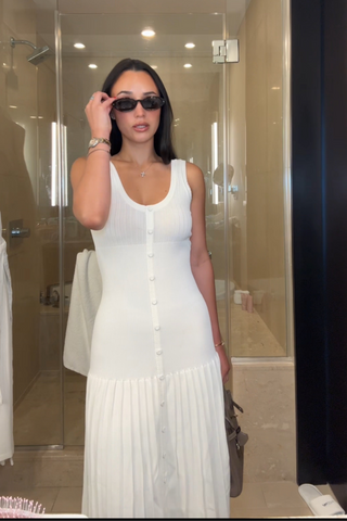 Sleeveless Ribbed Knit Long  Dress with Button-Front & Flared Hem