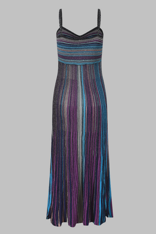 Aurora Nights Metallic Pleated Stripe Spaghetti Strap Mid-Long Dress