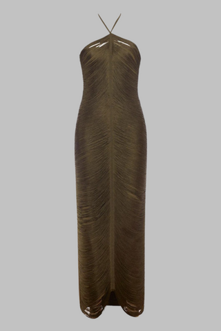 Luxury Halter Neck Backless Tassel Fringe Long Bandage Dress with High Slit