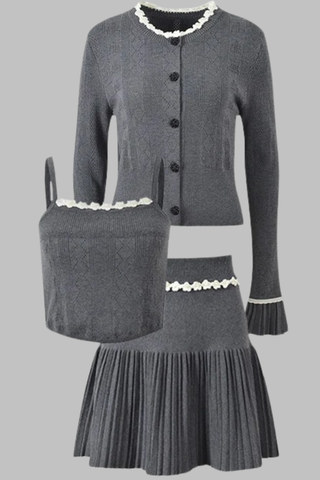 Charcoal Gray Three-Piece Knitted Set with White Floral Trim – Cardigan, Top & Pleated Mini Skirt