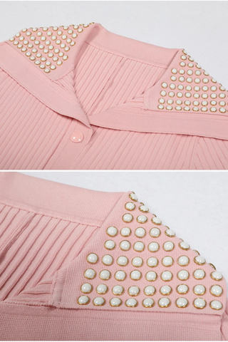 Short Sleeve Pearl Collar Ribbed Knit Midi Dress – Button Front