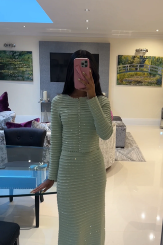 Three-Piece Knitted Set with Rhinestone Trim – Cardigan, Cami Top & Midi Long Skirt