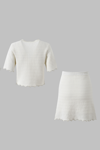 Pearl-Trimmed Textured Knit Two-Piece Set  Cropped Top & A-Line Skirt