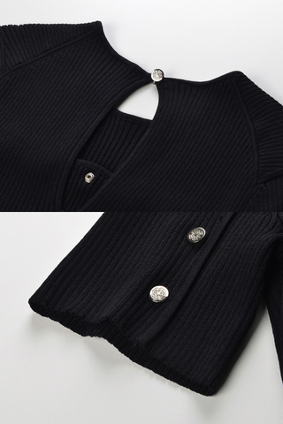 Half-Sleeve Knit Midi Dress with Curved Button Detailing