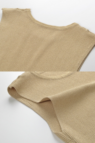 Golden Beige Knit Midi Dress with Asymmetrical Fringe Detail