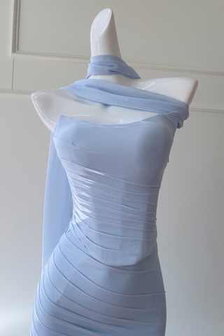 Light Blue Mesh Ruched  Set – Strapless Bustier Top & Fishtail Maxi Skirt with Sheer Scarf