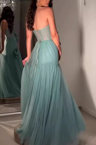 Aqua Tulle Strapless Corse Long Dress with Flower Appliqués and Lace-Up Back
