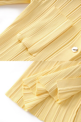 Long Sleeve Ribbed Knit Long Dress with Collar Button Front and Pocket Detail