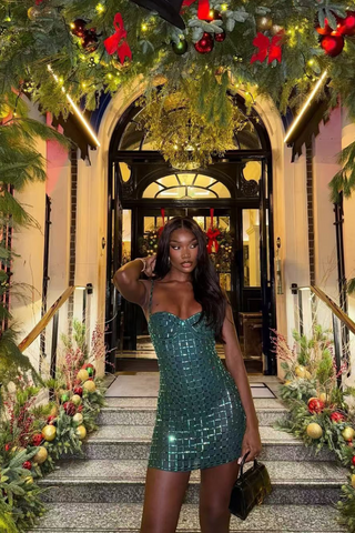 Rhinestone Grid Crystal Mesh  Mini Dress