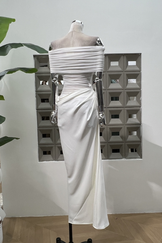 Ivory Mesh Off-Shoulder Draped Long Dress with Side Ruching