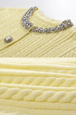Butter Yellow Long Sleeve Cable Knit Cardigan with Crystal Collar and Pearl Buttons
